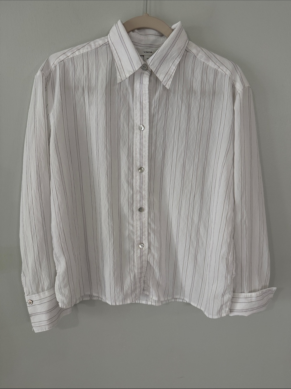 Vince White Button-Up Shirt with Thin Gray Pinstripes